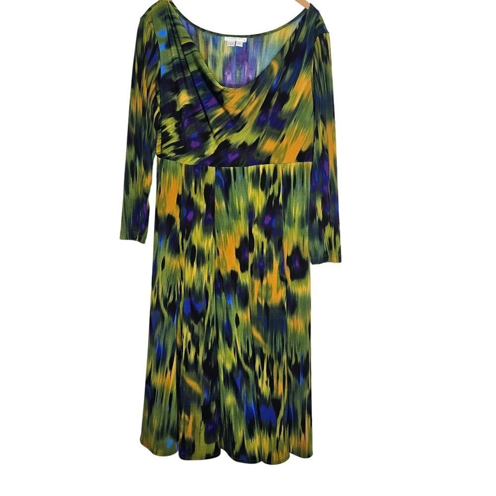 London Times Womens‎ Abstract Multicolor Peacock Cowl Neck Dress 3/4 Sleeve 6